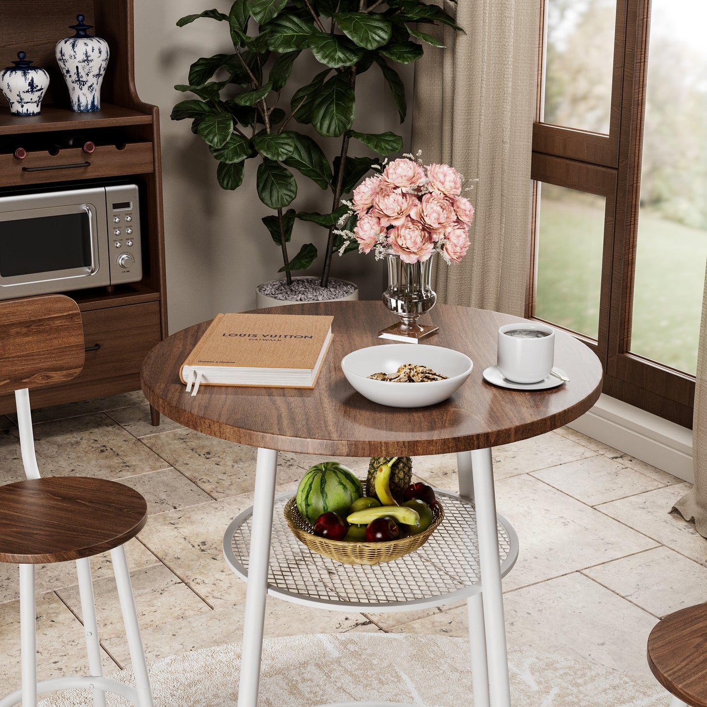 3-Piece Bar Table Set With 2 Bar Stools  Modern Pub Table With Backrests & Storage Shelf