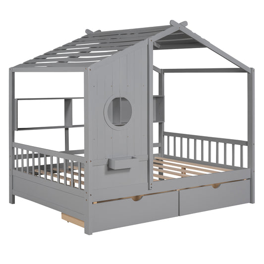Wooden Full Size House Bed With 2 Drawers,Kids Bed With Storage Shelf, Gray