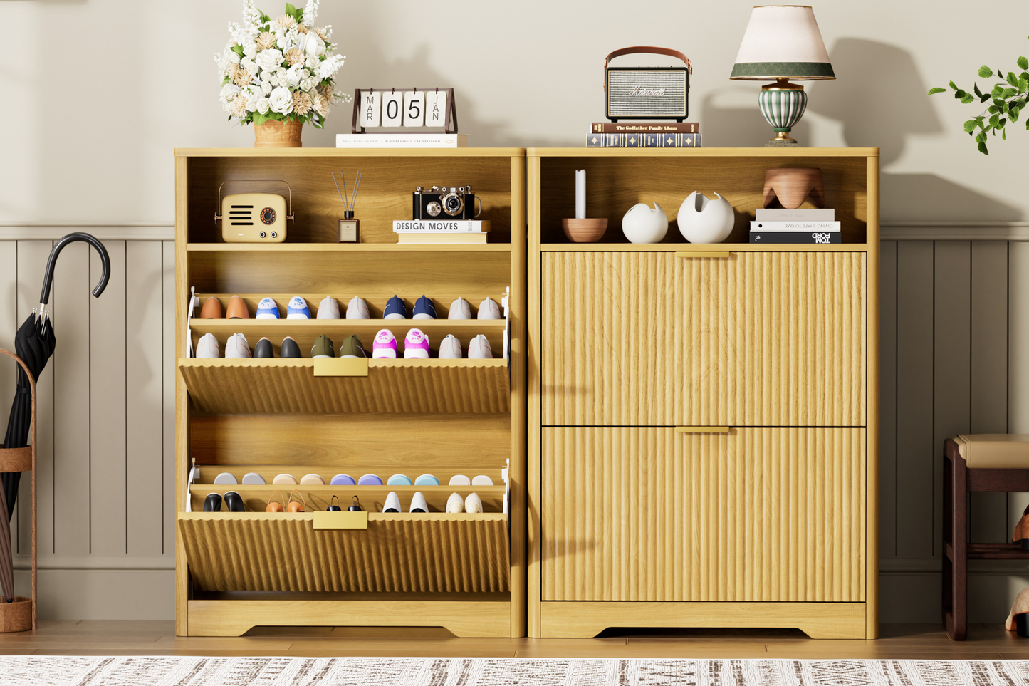 Shoe Cabinet Storage For Entryway Hidden Shoes Storage Cabinet With 2 Flip Drawers, Tall Free Standing Shoe Organizer Rack For Foyer, Hallway. Natural,31.6  L X 9.6  W X 40  H.