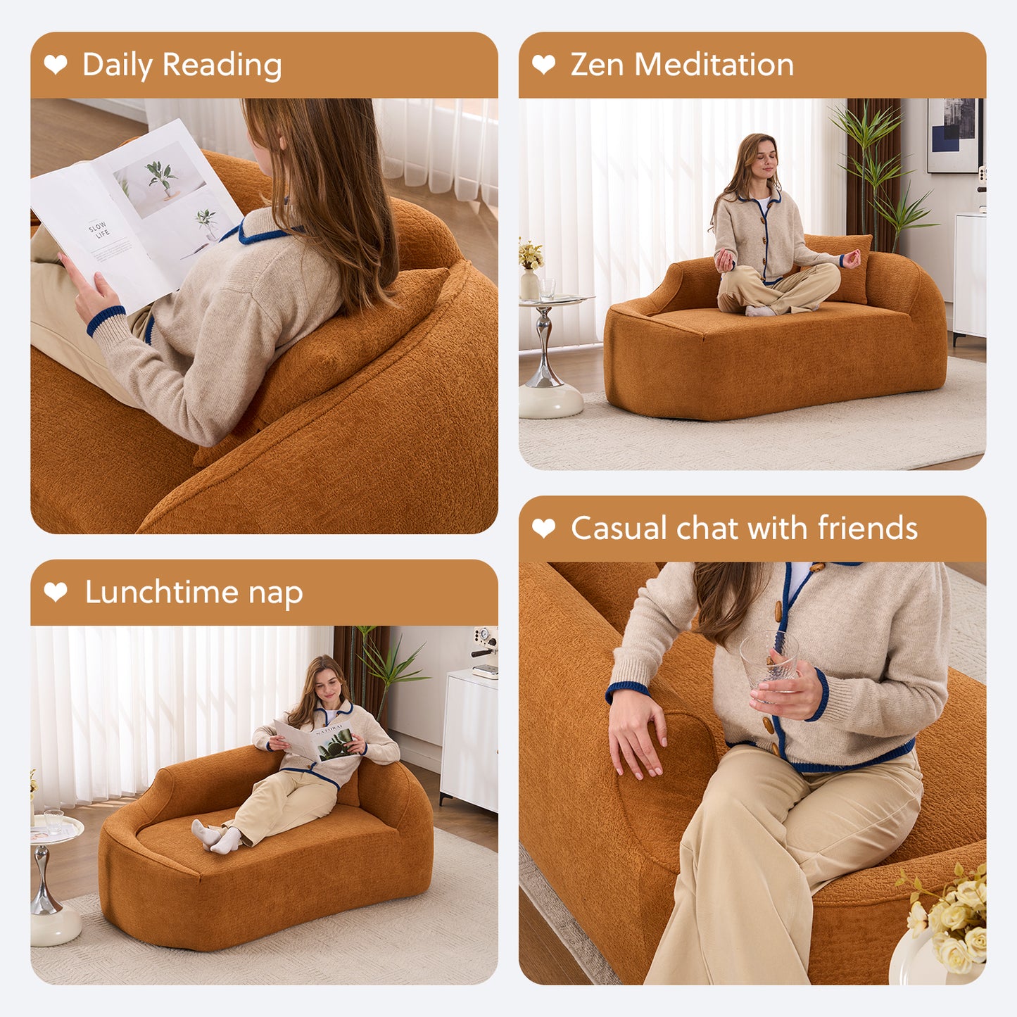 LY-048 Compression Curved Chaise Longue Chair Indoor  Modern Chenille Loveseat Couch With Deep Seat Sofa Bed With 1 Pillow  Sleeper Sofa Couch For Living Room  Bedroom  Apartment  Orange