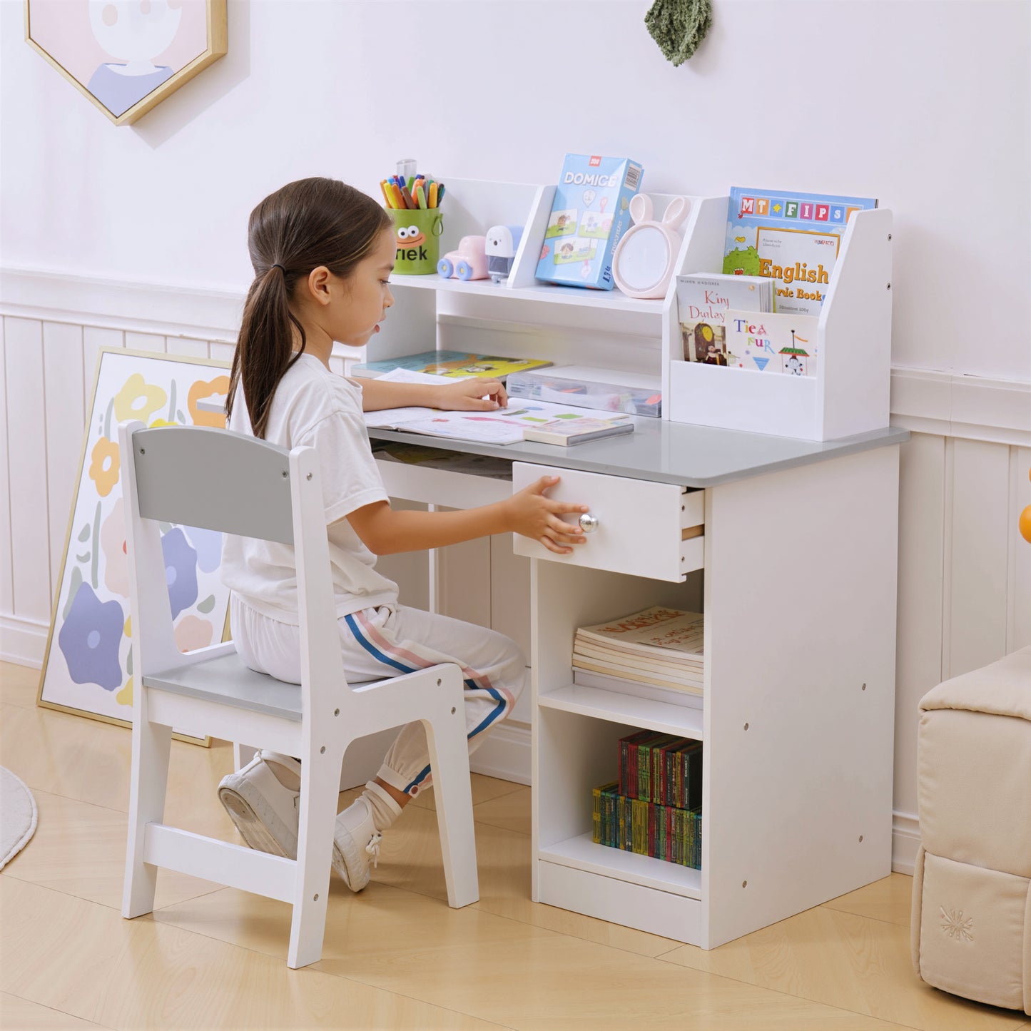 Kids Desk And Chair Set With Storage, Study Desk With Chair For Children 5-8 Years Old, Gray