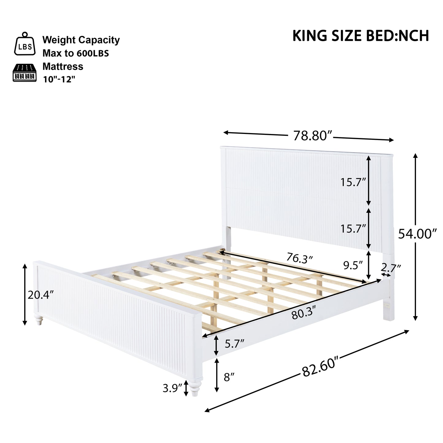 King Size Bed Frame In White - Solid Pine Wood & MDF, No Box Spring Needed, Modern Wooden Bed With Headboard And Footboard