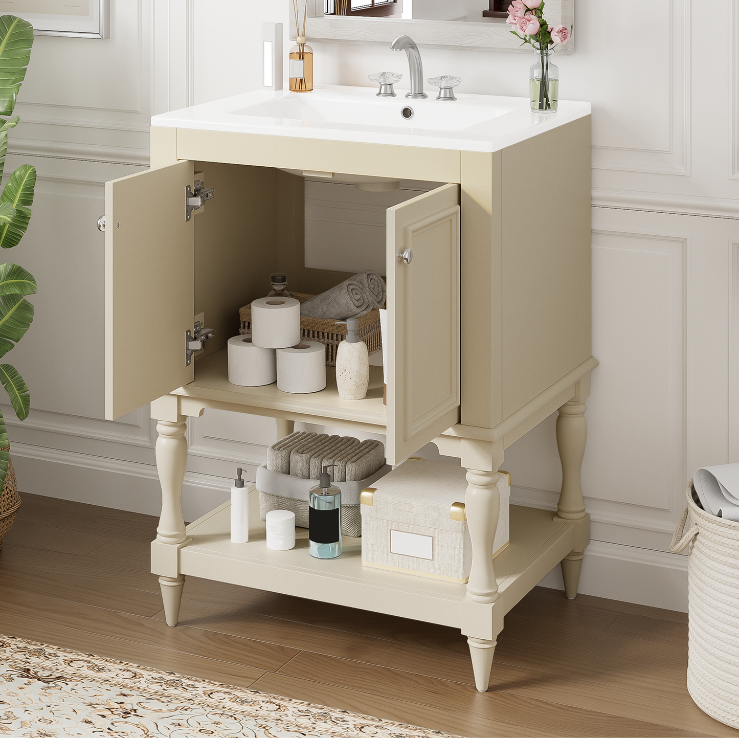24 Inch Modern Luxury Bathroom Vanity With Ceramic Sink, Bathroom Cabinet With Open Shelf And Closed Storage