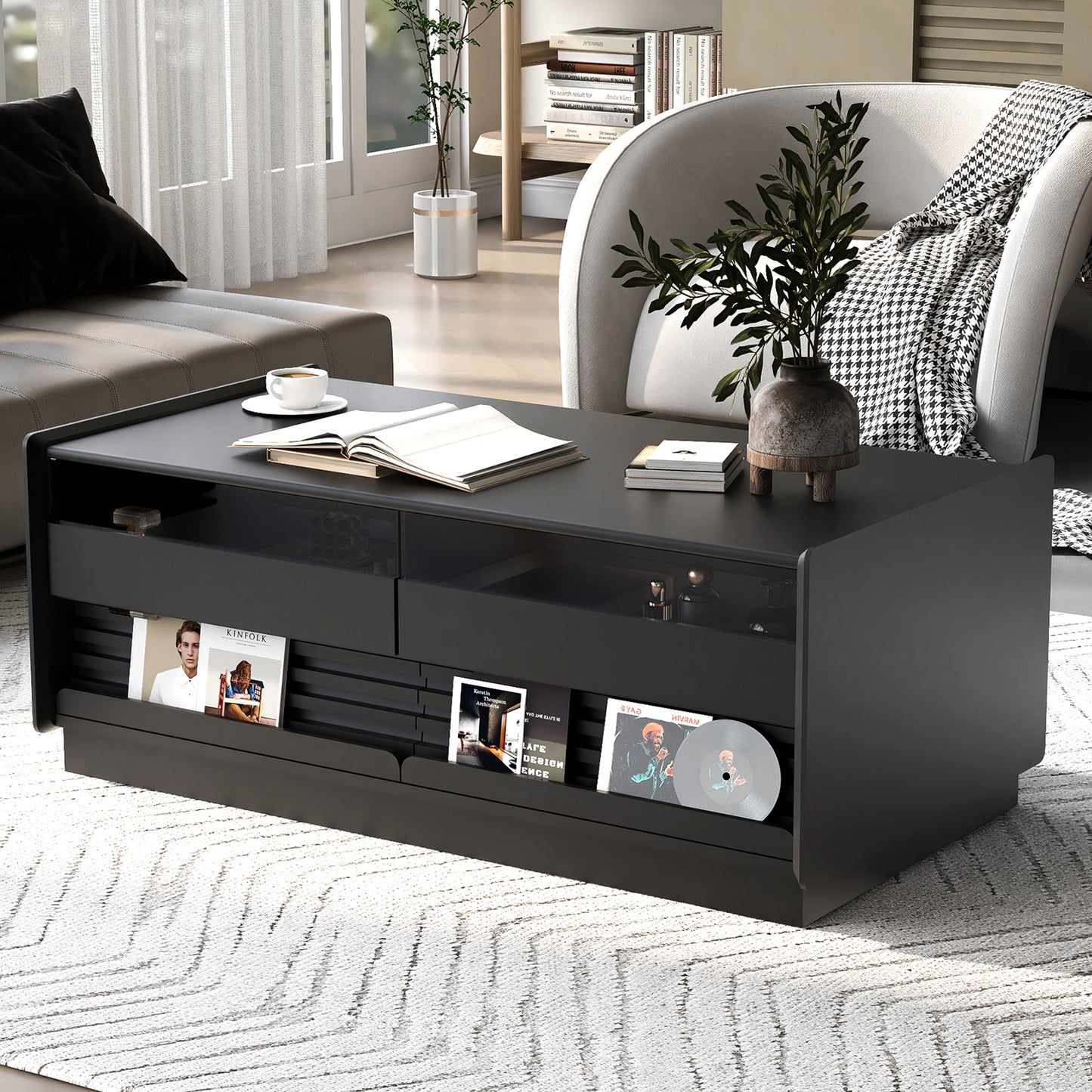 U-Can Modern Rectangle Coffee Table With 4 Drawers And 2 Display Shelves, 47.2  Wood Coffee Table With Fluted Style, Tempered Glass For Living Room