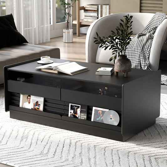 U-Can Modern Rectangle Coffee Table With 4 Drawers And 2 Display Shelves, 47.2  Wood Coffee Table With Fluted Style, Tempered Glass For Living Room