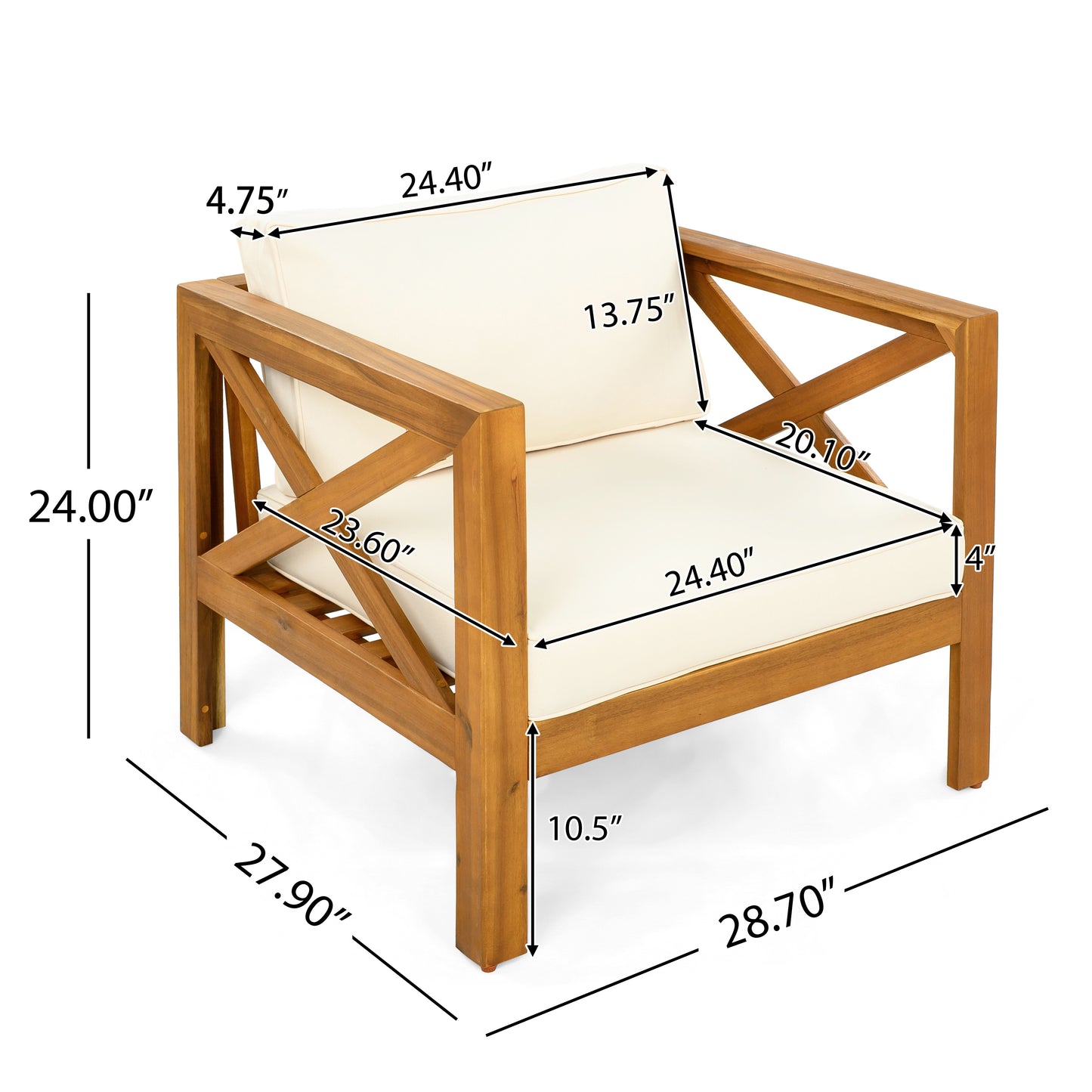Outdoor Acacia Wood Club Wooden Armchair With Cushions  Set Of 2 , Conversation Set,Teak Finish,Beige Cushion