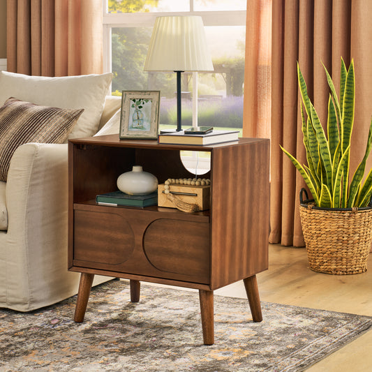 Mid Century Modern Fluted Nightstand With Charging Station USB Ports & Outlet Hole & 4 Solid Wood Legs, Farmhouse End Table With Open Space And Drawer Dresser, Walnut