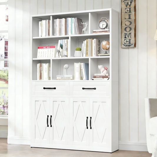 71  H Metal Bookcase With 2 Doors & 2 Drawers, Tall Storage Cabinet With Fixed Open Shelves For Home Office, Living Room, Modern Bookshelf, White