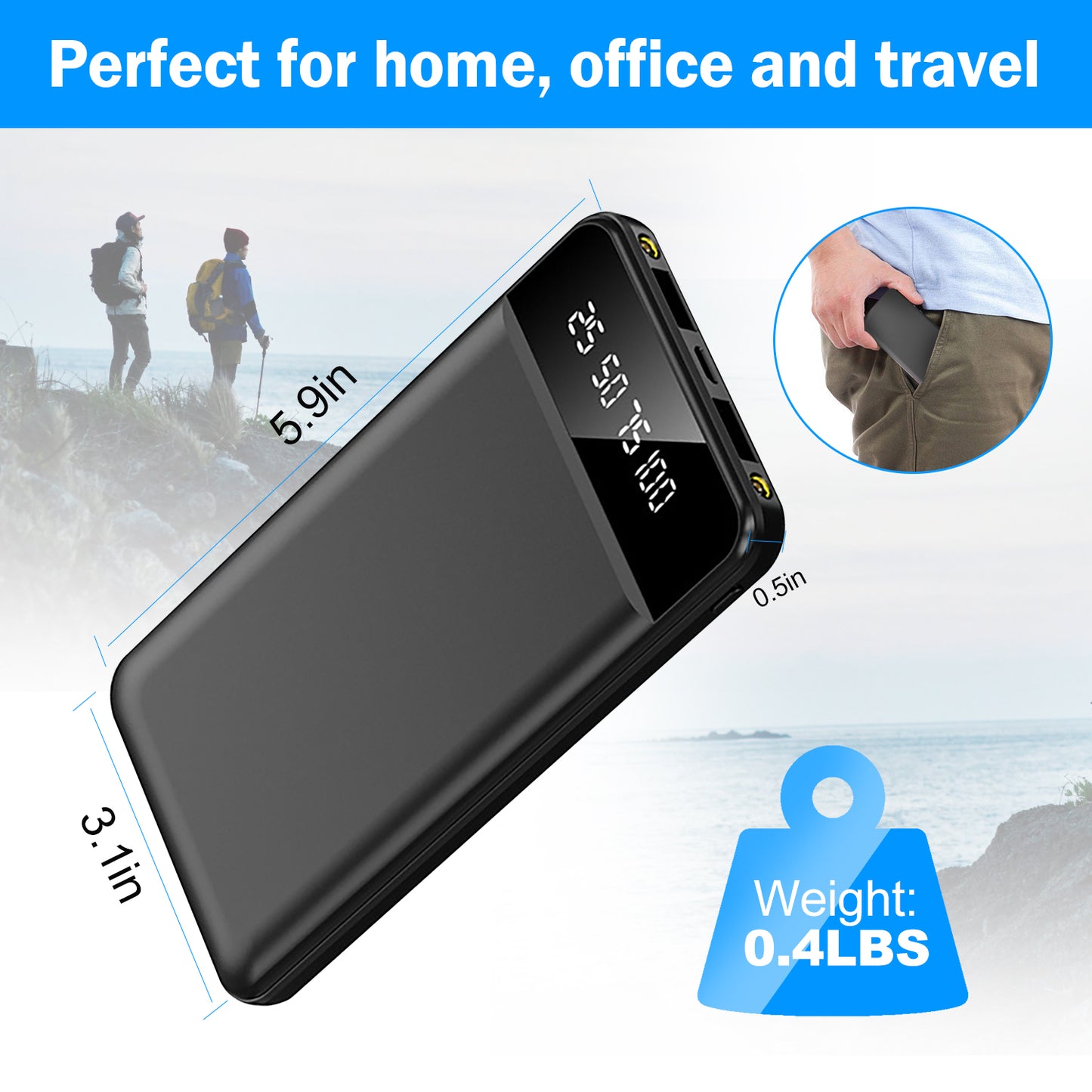 1Pc 10000mAh Power Bank Portable Ultra Slim Charger External Battery Pack With 2 USB Output Ports Charging Cable LED Flashlight Compatible With IOSPhone 15 And More