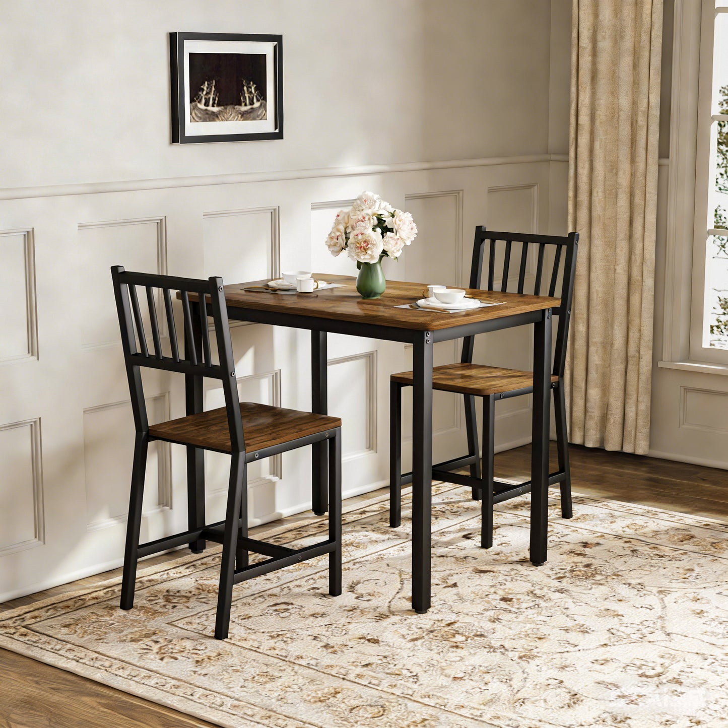 Dining Table Set, Bar Table With 2 Dining Chairs, Kitchen Table Counter With Chairs, Industrial For Kitchen Breakfast Table, Living Room, Party Room, Walnut ,35.4inL X23.6inW X 29.7inH