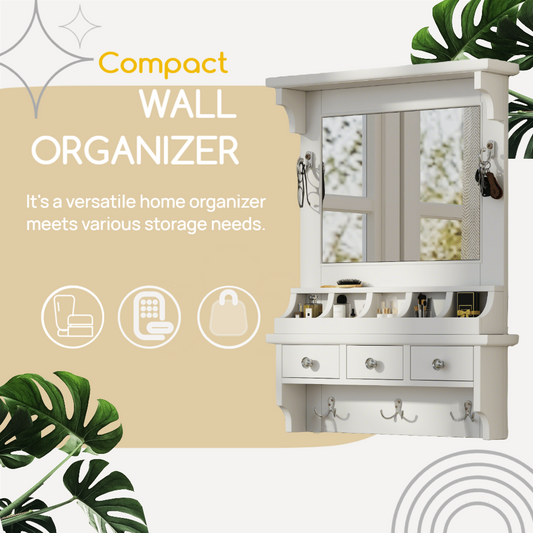 Floating Makeup Vanity With Big Mirror, Wall-Mounted Storage Vanity With Drawers, Pockets & Hooks, Space-Saving Decorative Home Organizer For Small Space, White