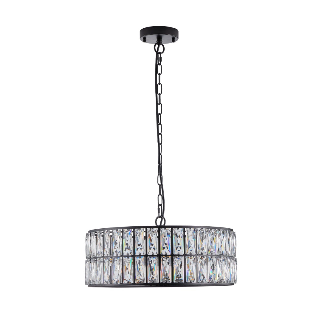 18  Black Modern Crystal Drum Chandelier, 6-Light Pendant Lighting Fixture With Metal Frame For Living Room, Dining Room, And Bedroom  Bulbs Not Included