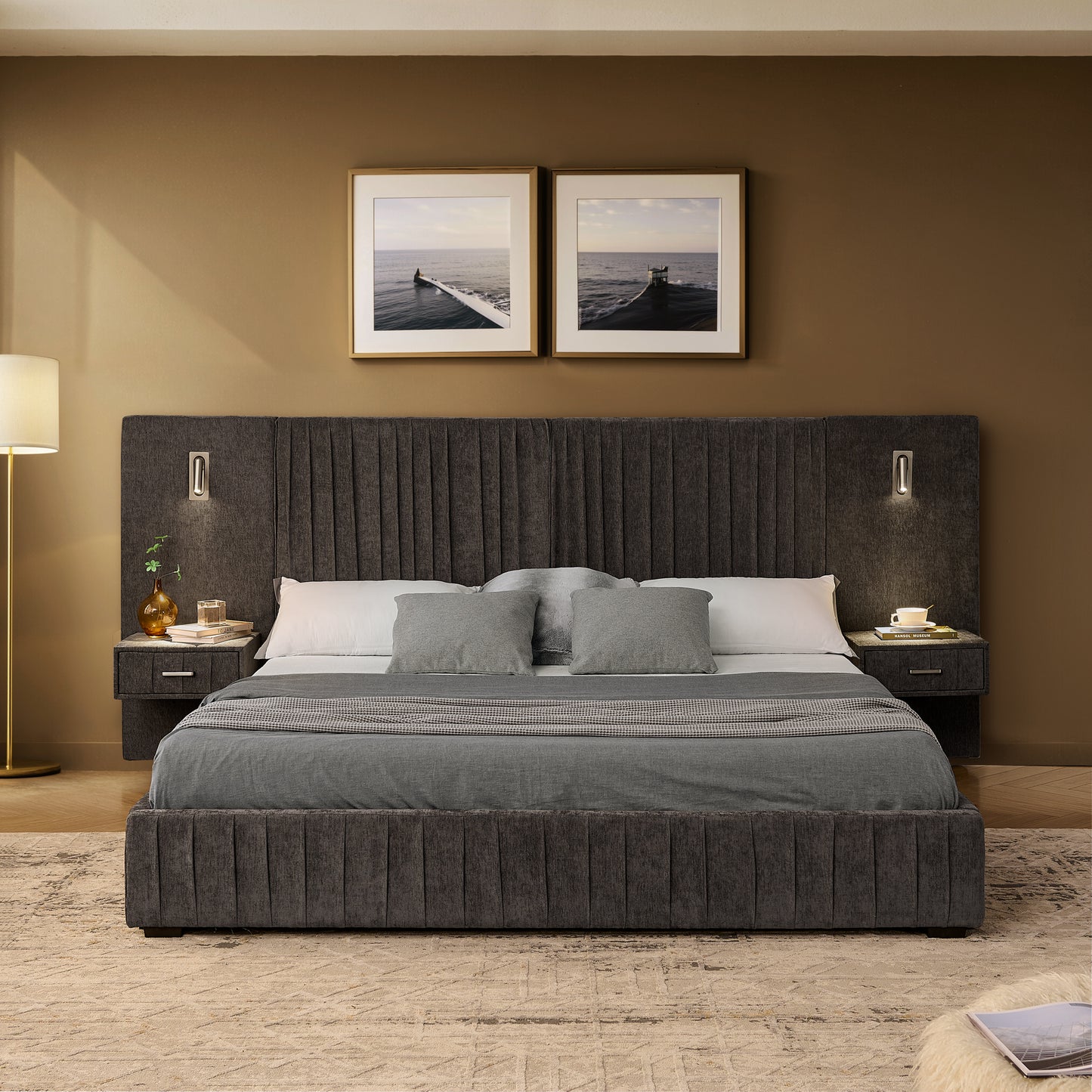 Queen Size Upholstered Bed Frame With Chenille Fabric With Pleated Design,Grounded Queen Size Platform Bed With Headboard And Solid Frame And The Bedside Table.No Box Spring Needed-DARK GREY