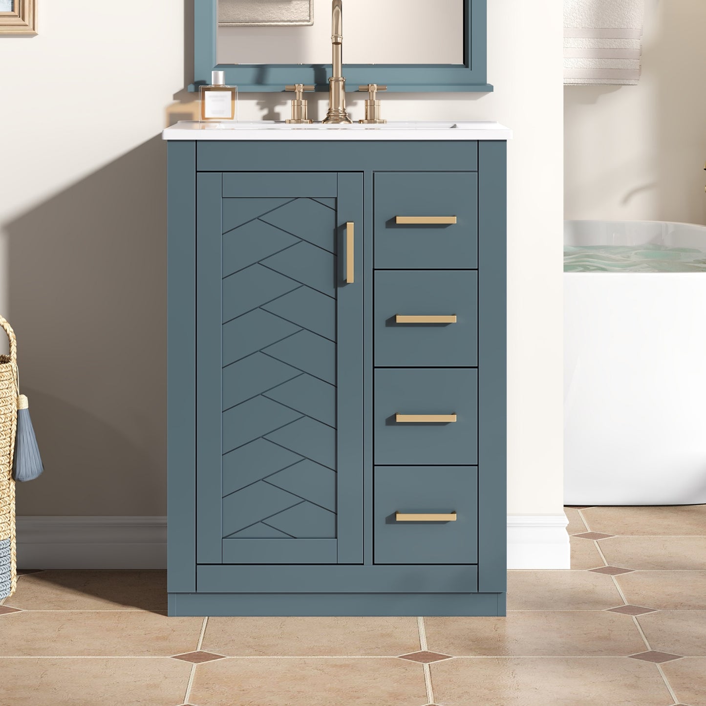 24   Bathroom Vanity With Integrated Ceramic Sink, Bathroom Cabinet With 1 Door, 3 Drawers, Single Sink Bathroom Vanity For Small And Medium Restroom, Blue