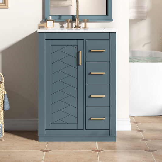 24   Bathroom Vanity With Integrated Ceramic Sink, Bathroom Cabinet With 1 Door, 3 Drawers, Single Sink Bathroom Vanity For Small And Medium Restroom, Blue
