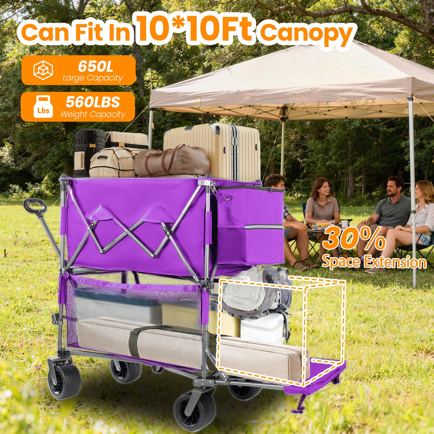 55  Heavy Duty Double- Layer Wagon With Brakes 560LBS Double Decker Wagon  650L Collapsible Wagons Carts With 7 X4 All- Terrain Wheels For Sports Camping Fishing Transport  Purple