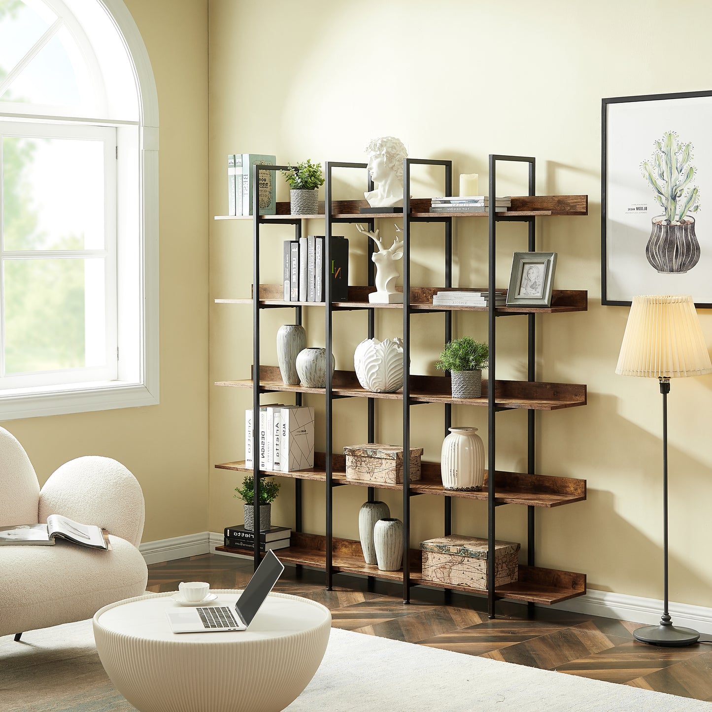 5 Tier Bookcase Home Office Open Bookshelf, Vintage Industrial Style Shelf With Metal Frame, MDF Board