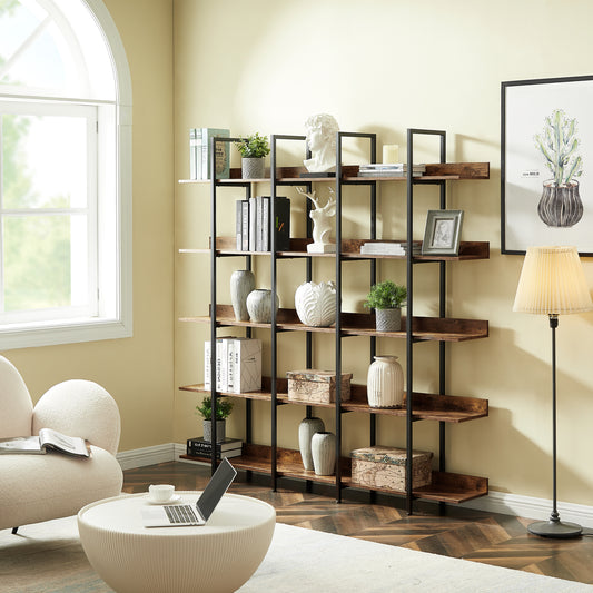 5 Tier Bookcase Home Office Open Bookshelf, Vintage Industrial Style Shelf With Metal Frame, MDF Board