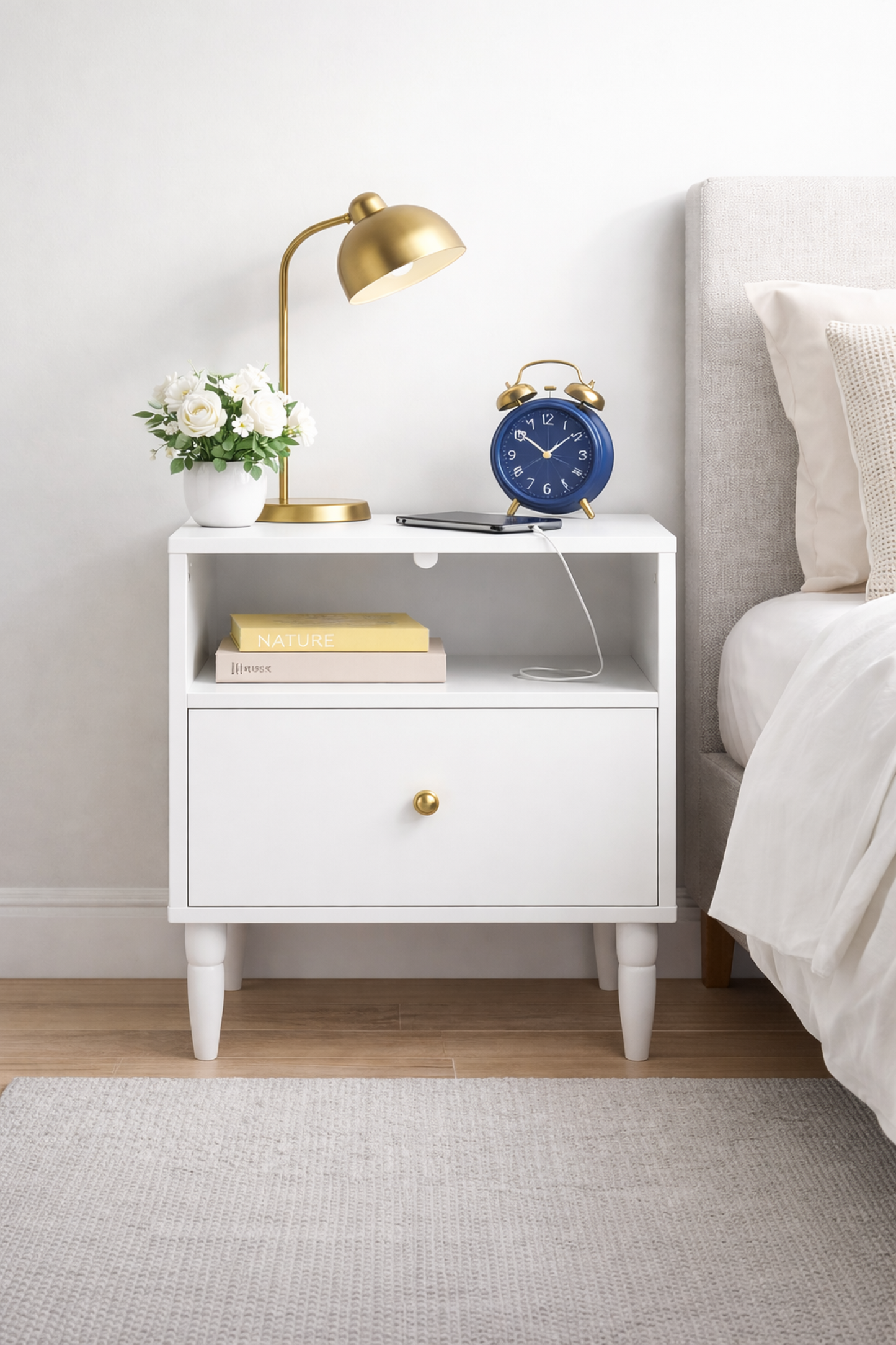 Modern White Nightstand With Drawer And Open Shelf, Bedside Table With Gold Knob, Solid Wood Legs, Small End Table For Bedroom, Living Room