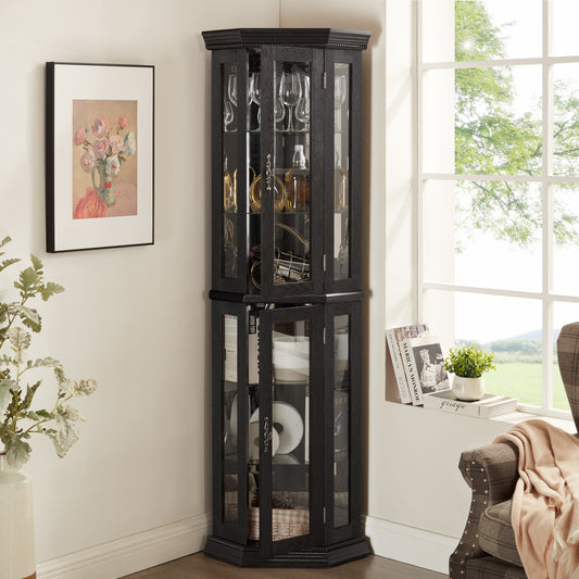 Lighted Corner Curio Cabinet - Glass Display Shelf With Tempered Glass Doors, Adjustable Shelving, And Included Bead Bulb - Ideal Bar Cabinet For Home Decor- BLACK
