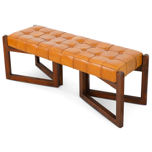 Mid-Century Riley Tan Bedroom Leather Bench With Solid Wood Frame And Tapered Legs 18.9  H X 52.4  W X 17.3  D For Entryway Dining Room Living Room Bedroom End Of Bed