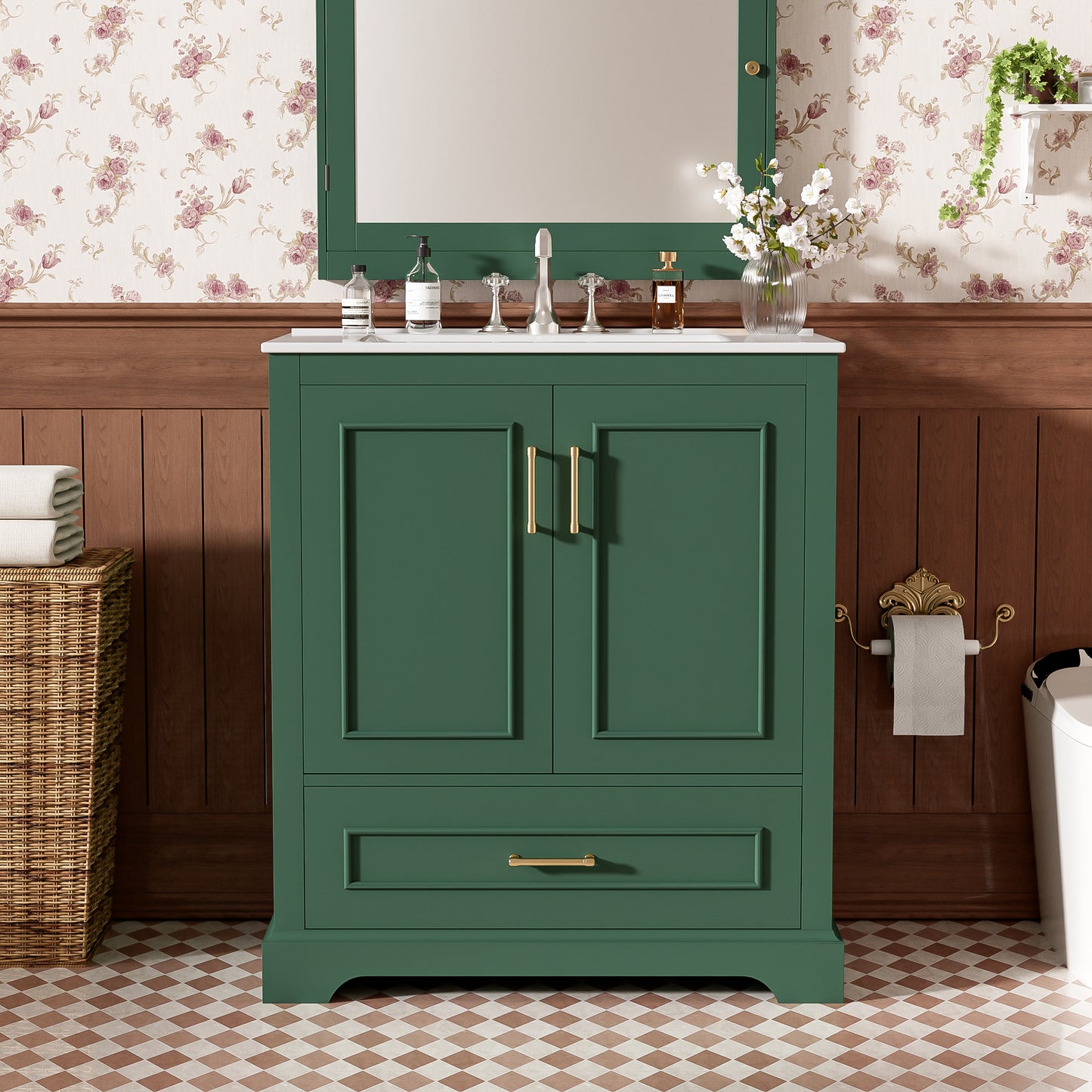 30  Bathroom Vanity With Sink, MDF And Solid Wood Frame, 1 Divider Drawer And 2 Soft-close Doors  Double Shelf On Door , Freestanding Vanity