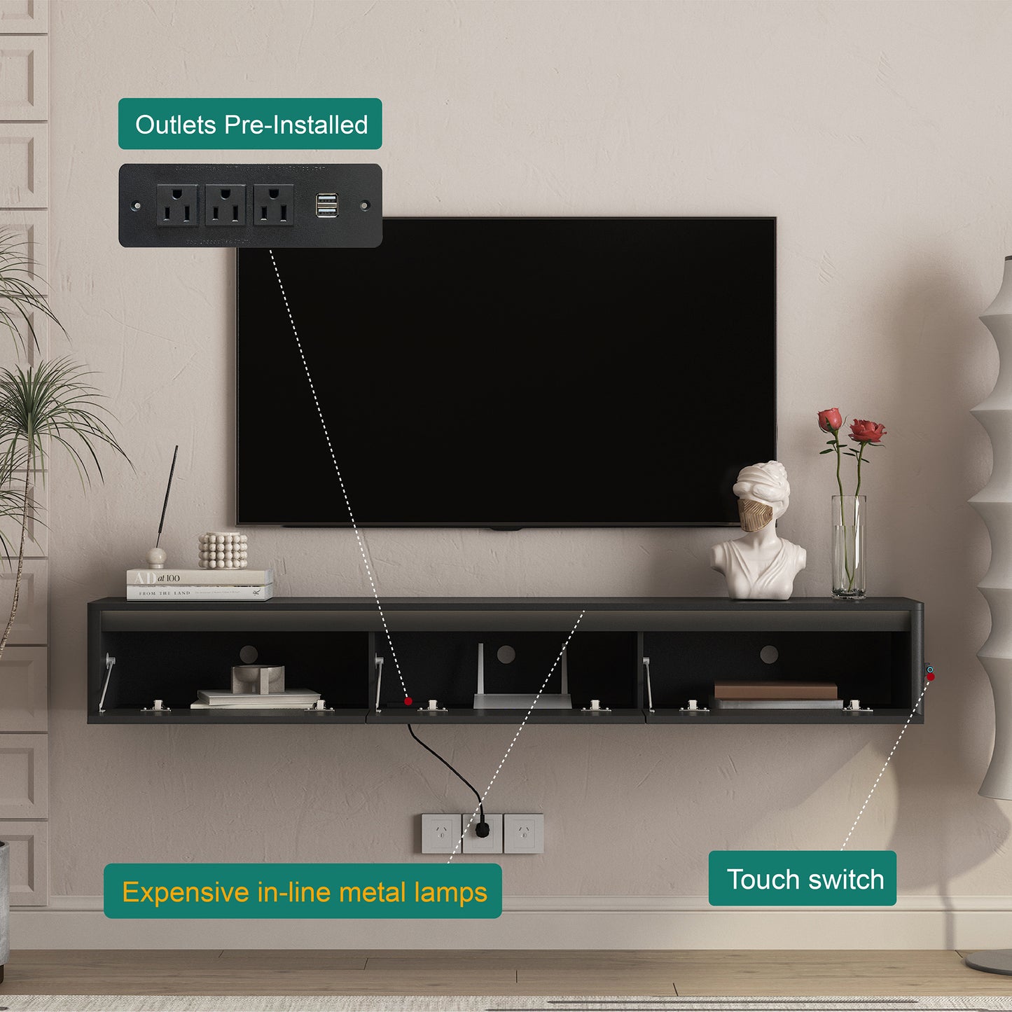 Floating TV Stand, Wall Mounted TV Shelf With Led Lights & Power Outlet,High  TV Cabinet For Black Tv Stands For Living Room