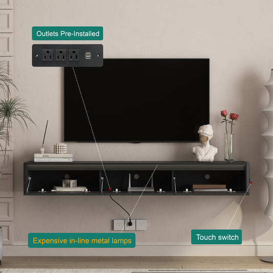 Floating TV Stand, Wall Mounted TV Shelf With Led Lights & Power Outlet,High  TV Cabinet For Black Tv Stands For Living Room