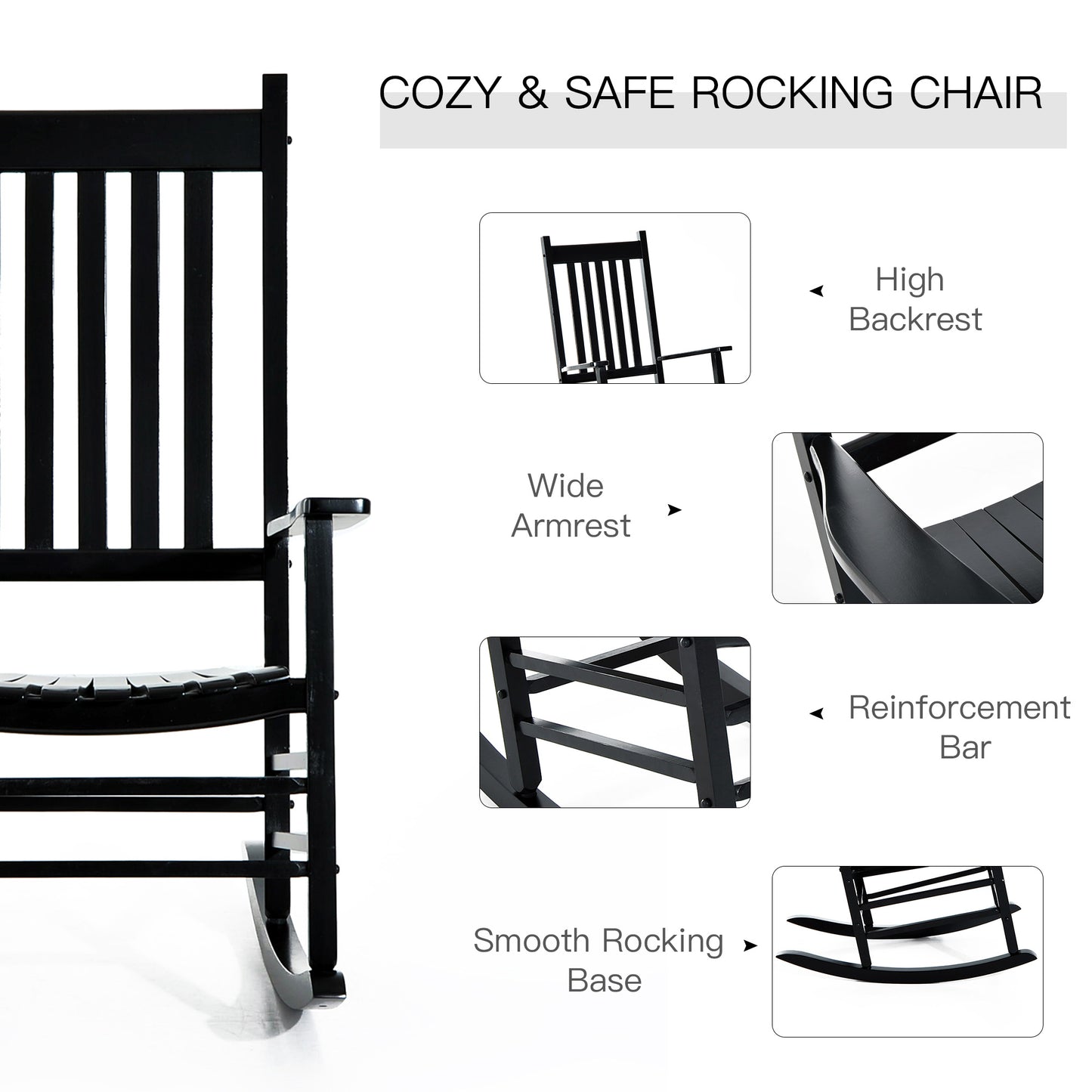 Wooden Outdoor Rocking Chair With Armrests, High Back For Garden, Patio, Balcony, Porch, Black