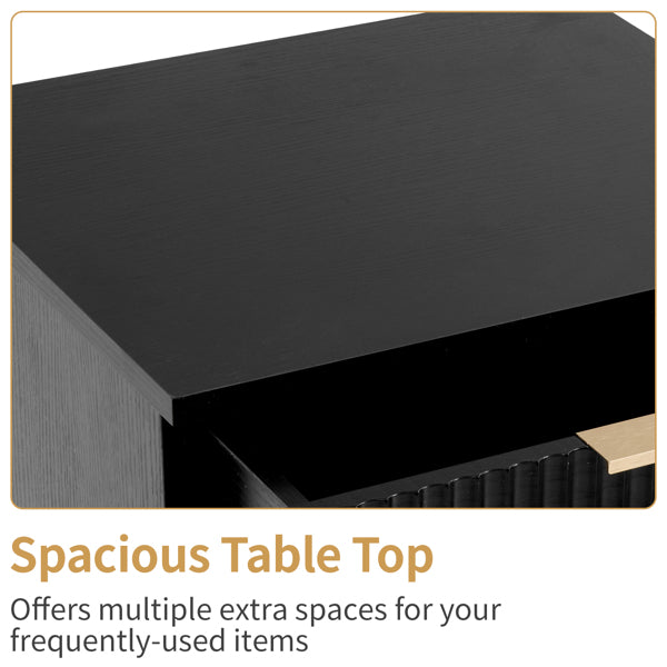 Black P2 Density Board, Wave Pattern Drawer Surface, Three Layers And Four Drawers Bedside Cabinet 1pc