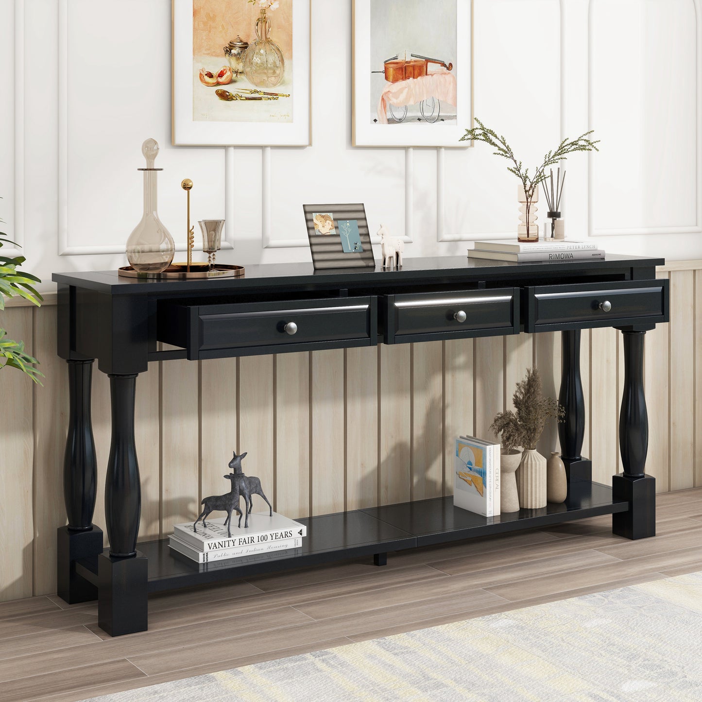 TREXM Console Table 63 Long Console Table With Drawers And Shelf For Entryway  Hallway  Living Room  Espresso