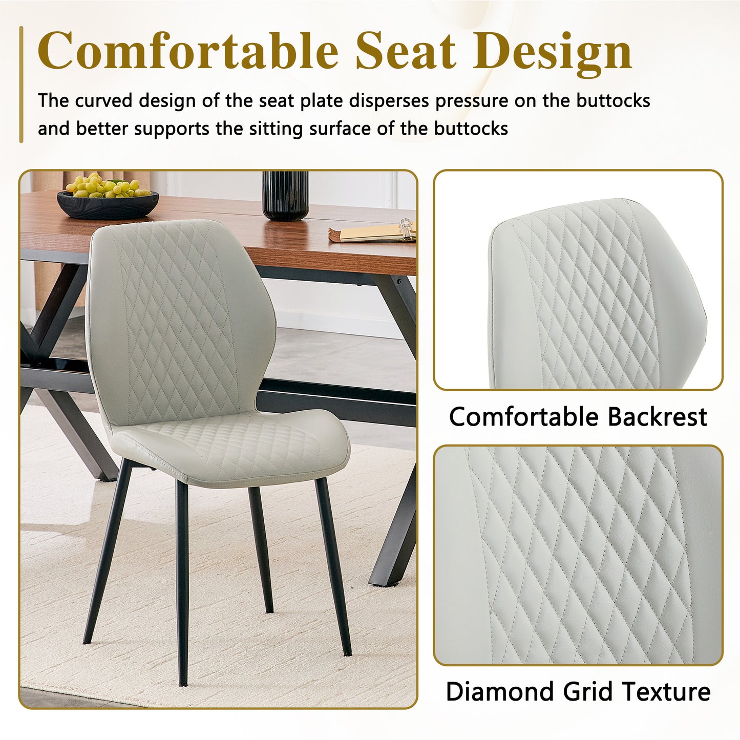 Set Of 4 Modern Light Luxury Light Gray Diamond-quilted PU Chairs With Black Metal Legs. Suitable As Upholstered Dining Chairs With Backrests For Dining Rooms, Adaptable To A Wide Range Of Scenarios.