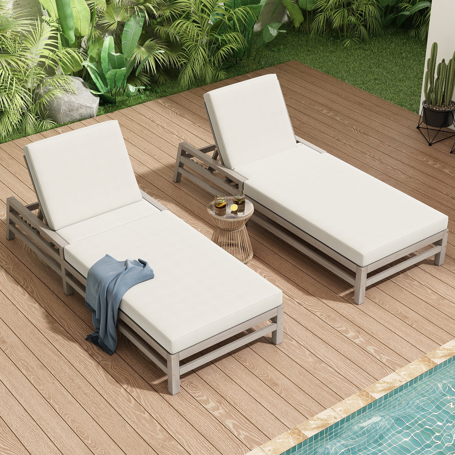 TREXM 5-Position Adjustable Outdoor Chaise Lounge Set Of 2  Solid Wood Patio Recliner Chair With Thick Cushions  Weather-Resistant For Pool  Balcony & Garden  Gray