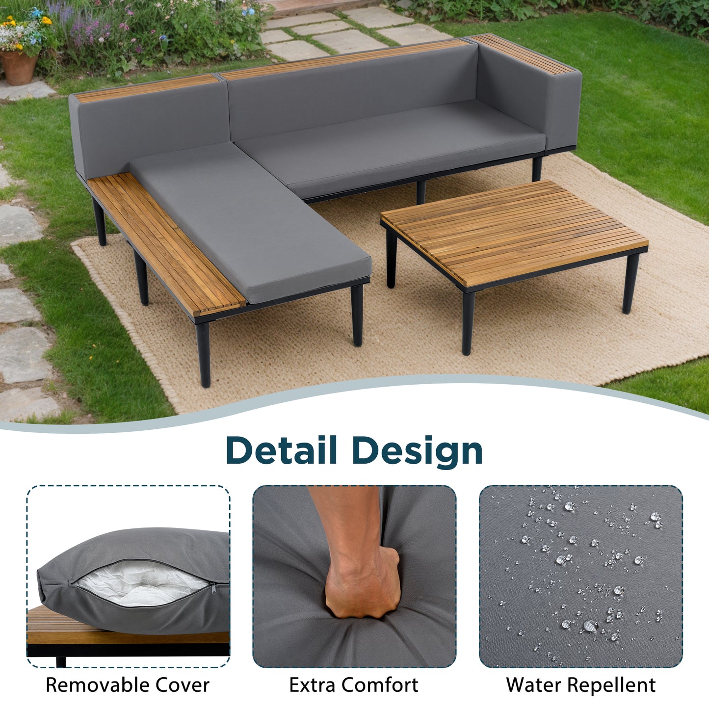 Luxury Patio Furniture Set With Removable Cushions And Coffee Table, L-Shaped  Acacia Wood Sofa With Side Table, Outdoor Conversation Sectional Sofa  For Backyard, Porch, Gray