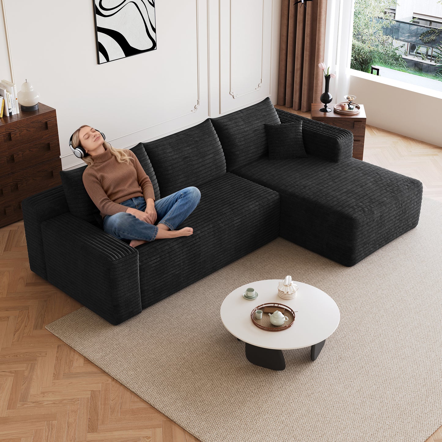 95  Cloud Sectional Sofa,Modern Minimalist Upholstered Couches, Comfort U Shaped Sofa For Living Room,Deep Seat Corner Couch,No Assembly Required,Black  Plush Corduroy Fabric