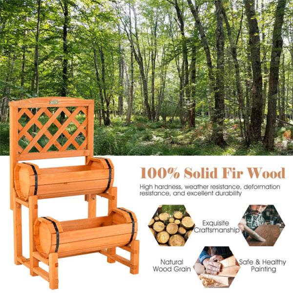 2-Tier Solid Fir Wood Raised Garden Bed With Trellis Cylindrical Planter Box For Climbing Plants