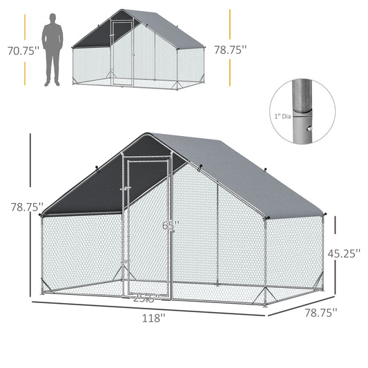 Metal Chicken Coop Run With Cover, Walk-In Outdoor Poultry Pen For Rabbits, Ducks, Large Hen House For Yard, 10' X 6.5' X 6.5', Silver