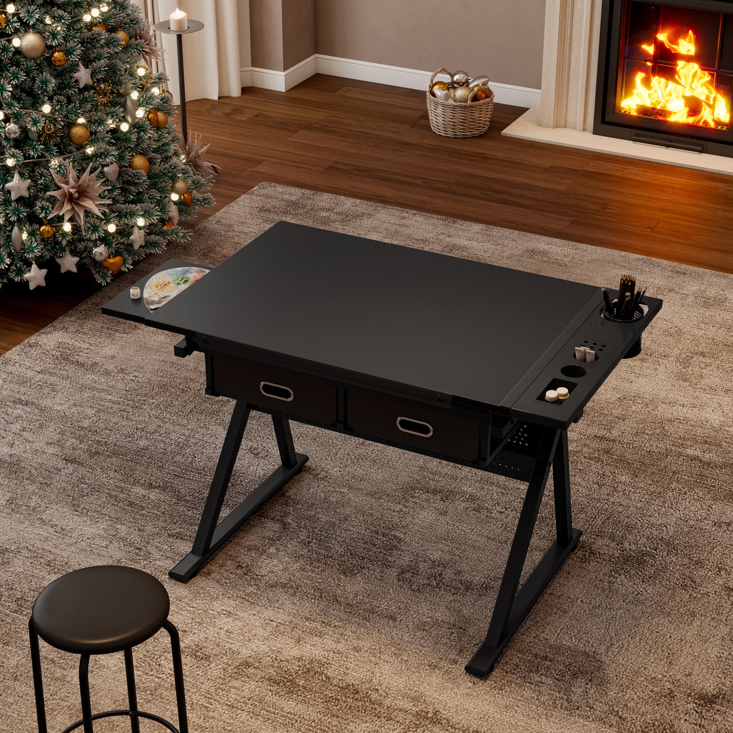 Adjustable Drawing Drafting Table Desk With 2 Drawers For Home Office And School With Stool Black