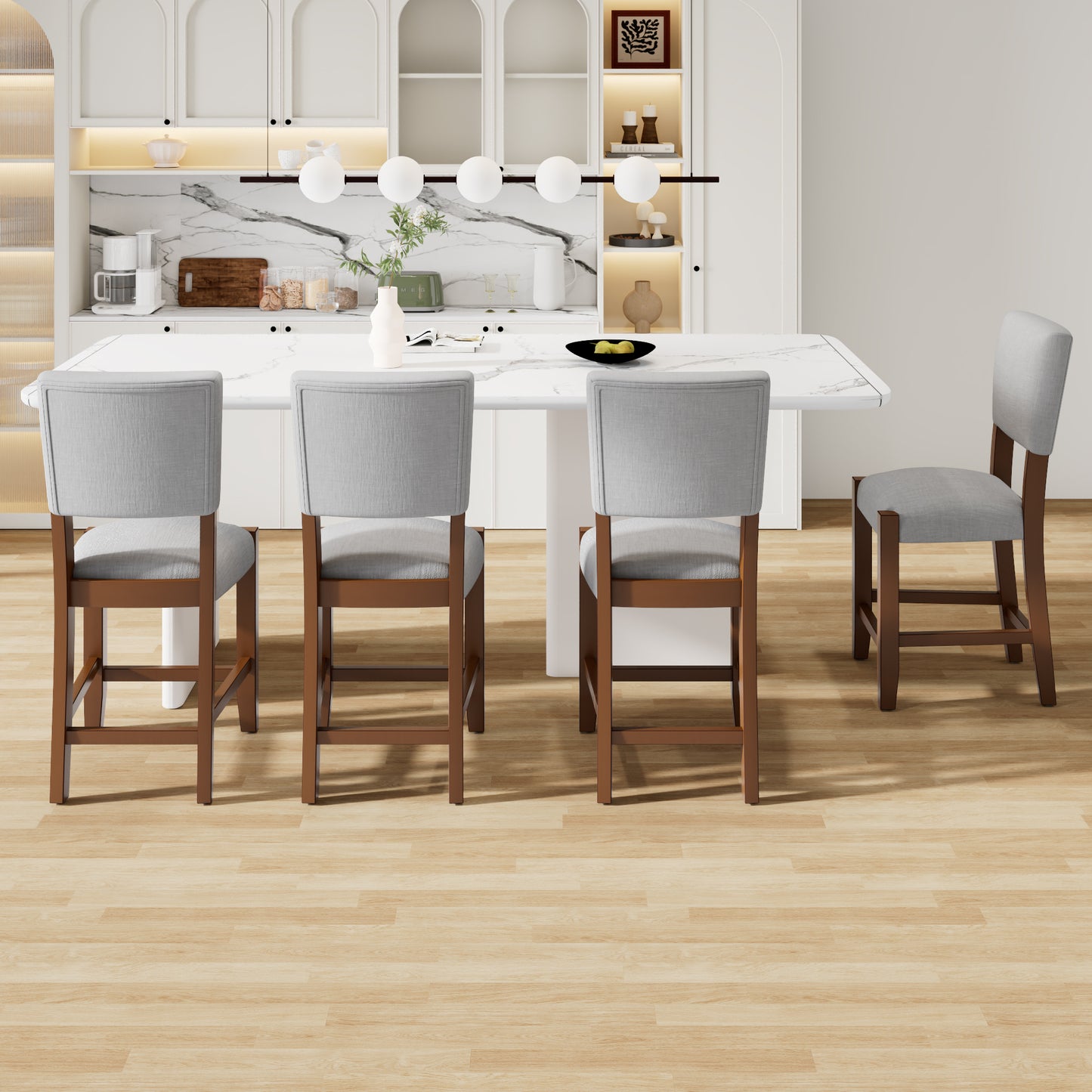 Mid Century Modern Bar Stools Set Of 4, 40.4  Counter Stools With Back, Linen Upholstered Barstools With Solid Wood Legs Bar Chairs For Kitchen Island Dining Room, Grey  4-Piece Chairs