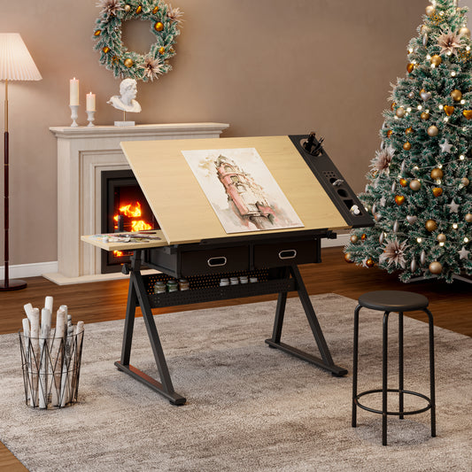 Adjustable Drawing Drafting Table Desk With 2 Drawers For Home Office And School With Stool Maple