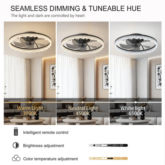 Smart Flush Mount Ceiling Fan With Light-20-inch Integrated LED Chandelier With 5 Invisible Blades, Remote Control & Timer, Dimmable Lighting, Ultra-Quiet Operation For Bedroom, Living Room, And Din