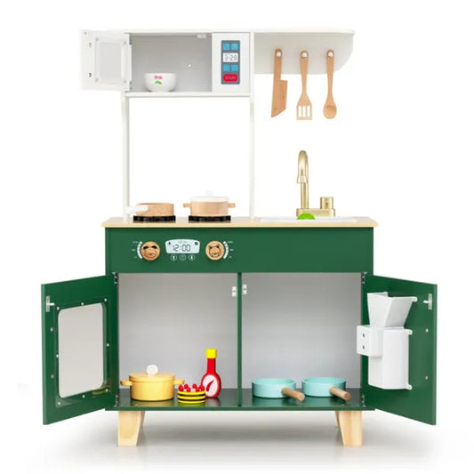 Green Kids Play Kitchen With Realistic Faucet & Ice Dispenser, Anti-Tipping Pretend Cooking Set For Ages 3-6