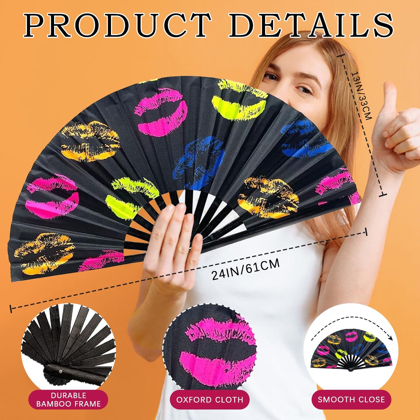 Folding Fan UV Glow Rave Bamboo Hand Fan Carnival Decoration Dancing Party Wedding Night Club Concert Lip Kung Fu Large Lips
