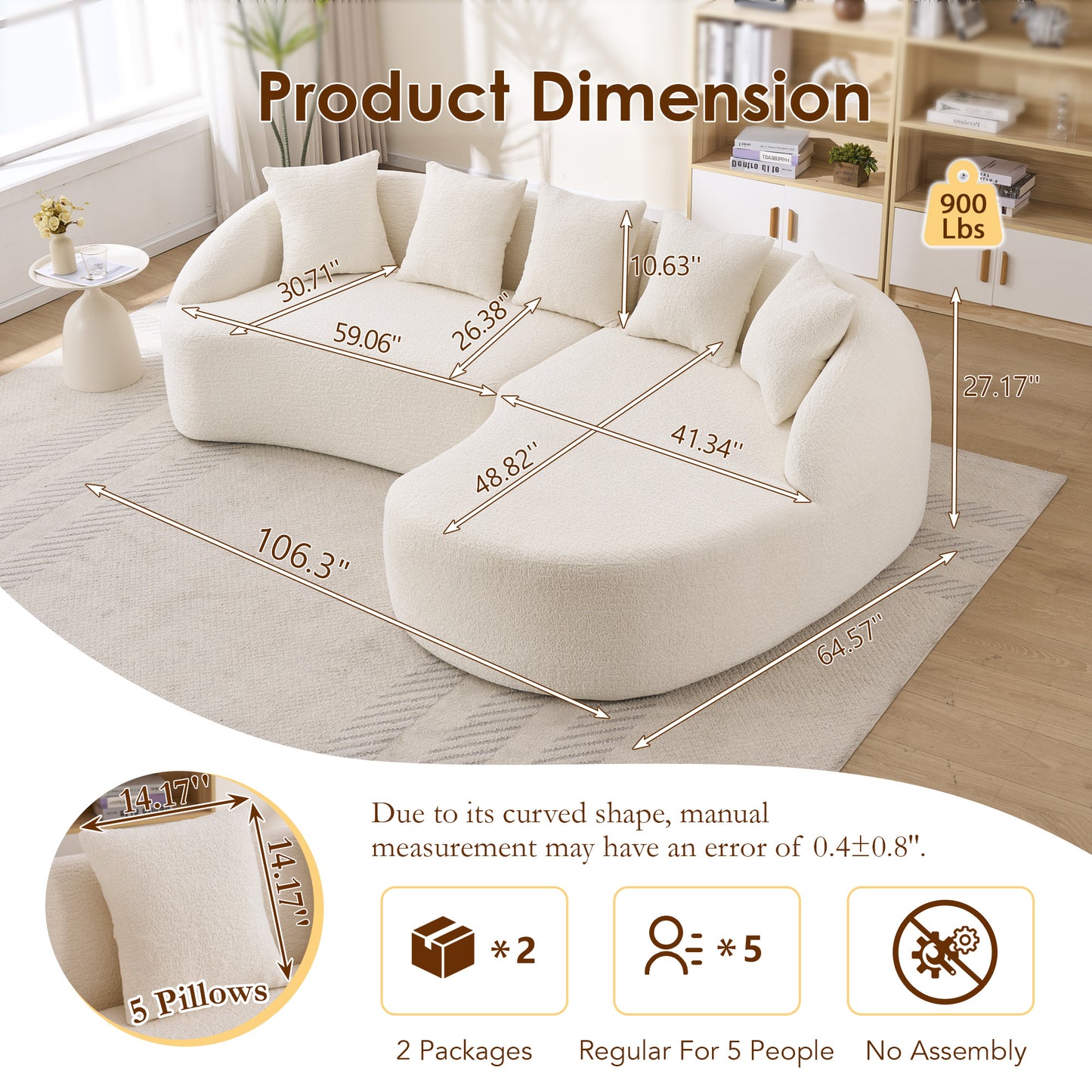 New Boneless L-Shape Sectional Sofa With Curved Chaise White Modular Chenille Compression Couch 30D High-Density Foam Minimalist Modular Couches Sleeper For Living Room Bedroom Apartment Lounge.