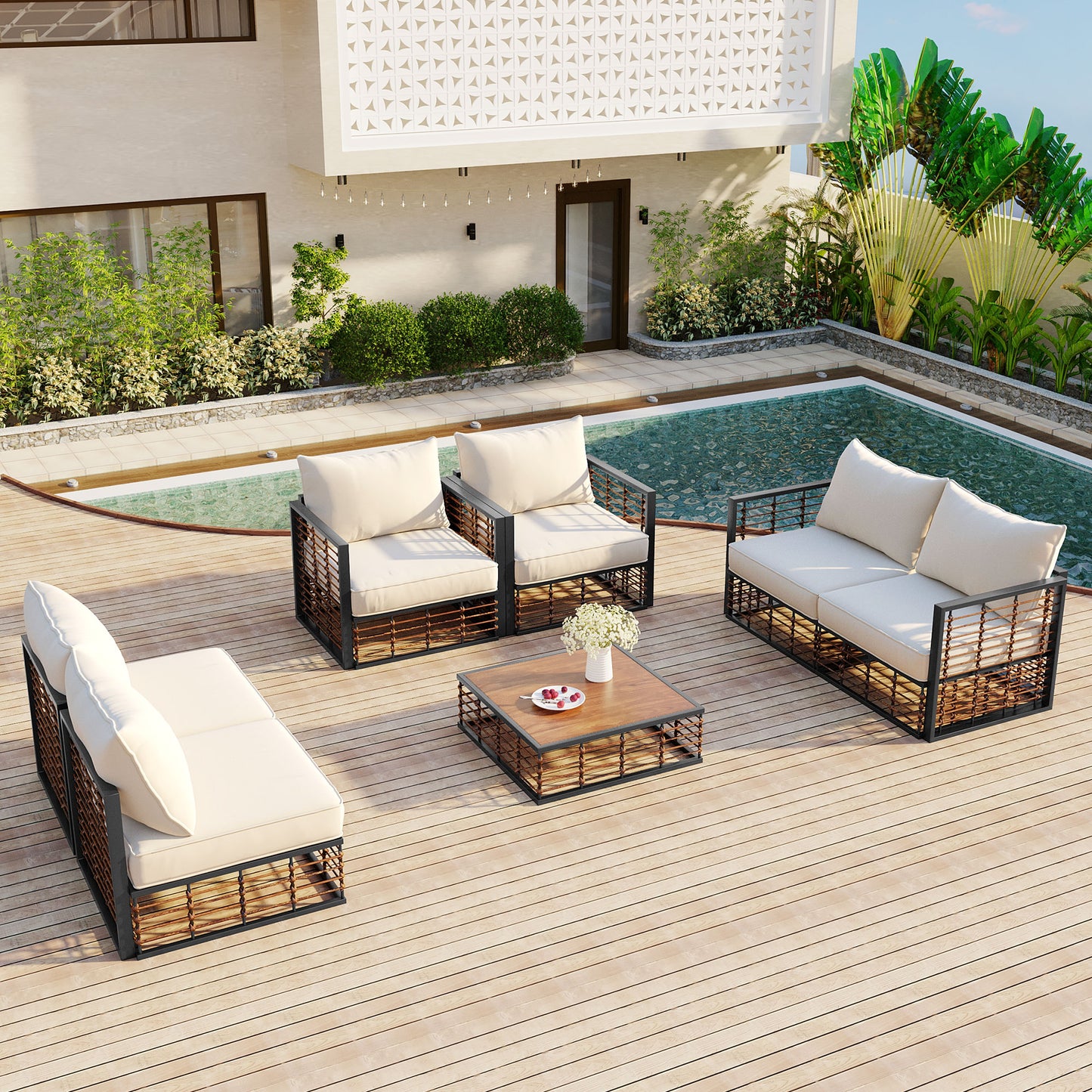 TOPMAX Modern Minimalist 7-Piece Metal Patio Sectional Sofa Set, All-Weather Garden Conversational Furniture Set With Thick Cushions And Coffee Table For Indoor Outdoor, Dark Grey