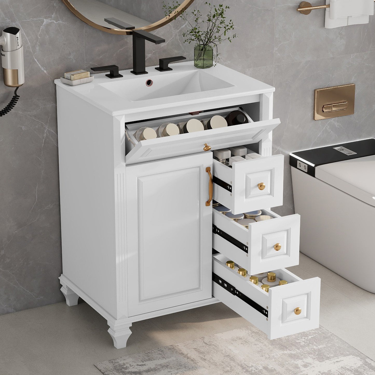 24 Inch Bathroom Vanity With Sink, White Freestanding Vanity Cabinet With Flip-Out Drawer, 3 Drawers & Storage Cabinet, Solid Wood & MDF, Ceramic Sink Top