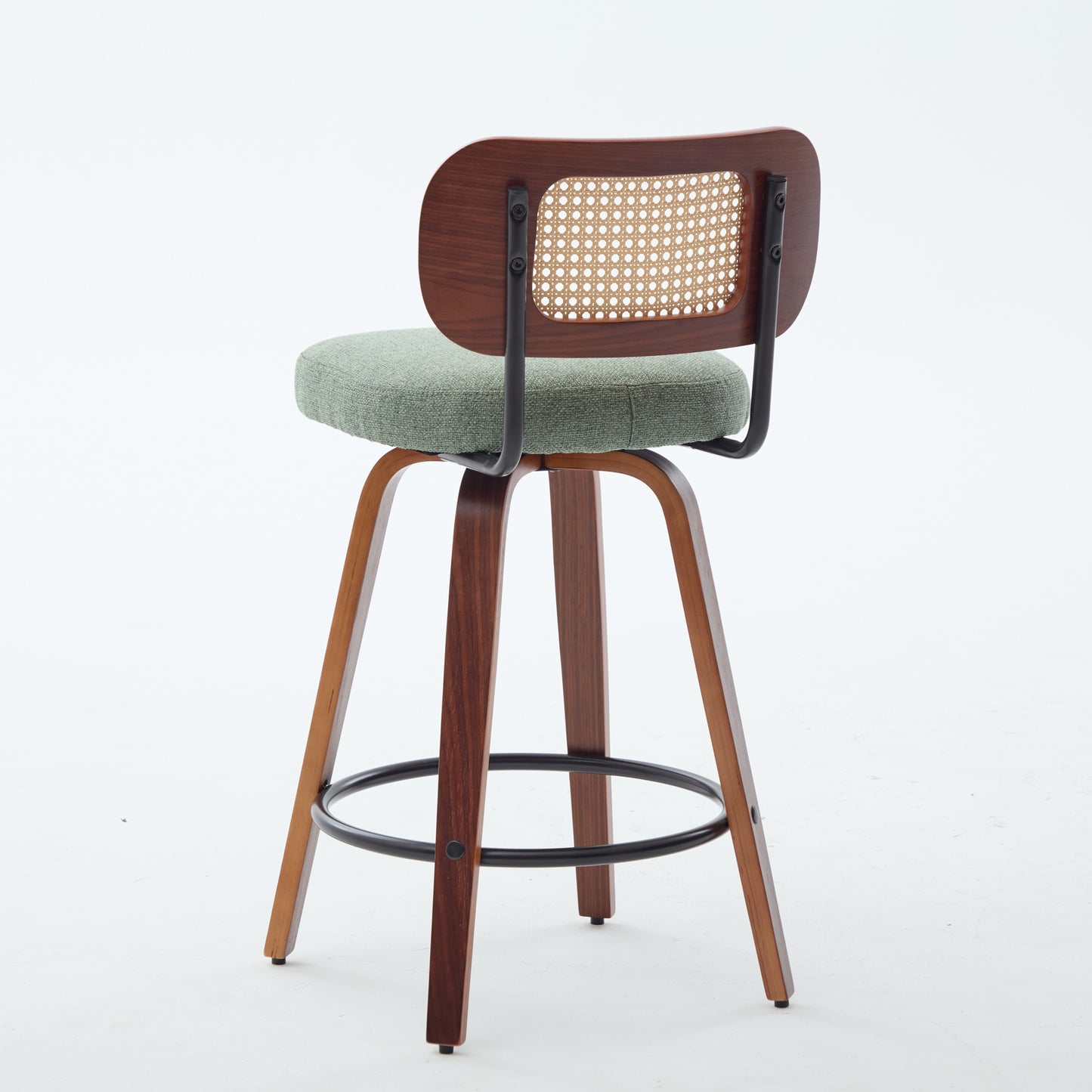 Set Of 3, 26-Inch Counter Height Bar Stools - Walnut Black, Cane Rattan Back, Light Green Linen Upholstered Seat, Swivel Design For Kitchen Island Bar Counter,SW3766OL