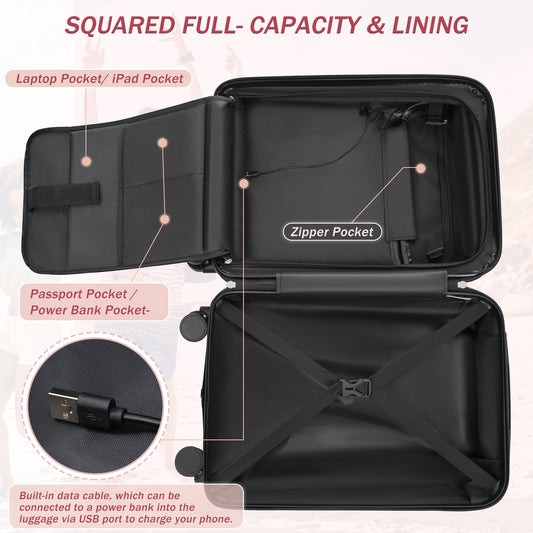Hardside Luggage Set 5 Piece With Bags,20IN Half-opening Carry On Luggage With USB Port, Expandable 24IN 28IN Luggage With Double Spinner Wheels TSA Lock