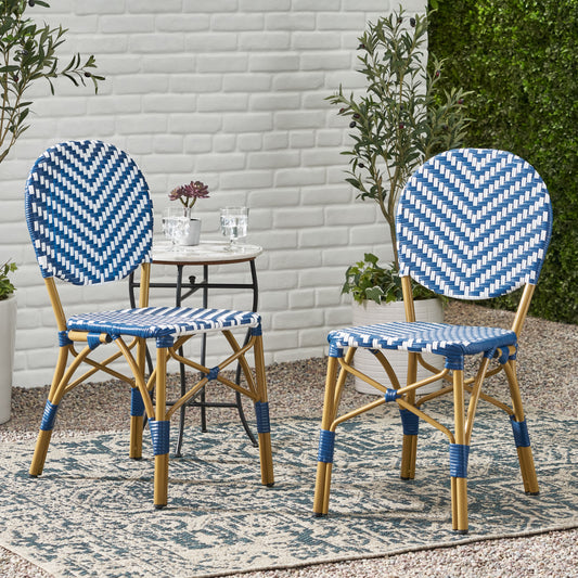 Outdoor PE Ratten And Aluminum French Armless Bistro Chairs, Set Of 2, Navy Blue, Bamboo Print Finish