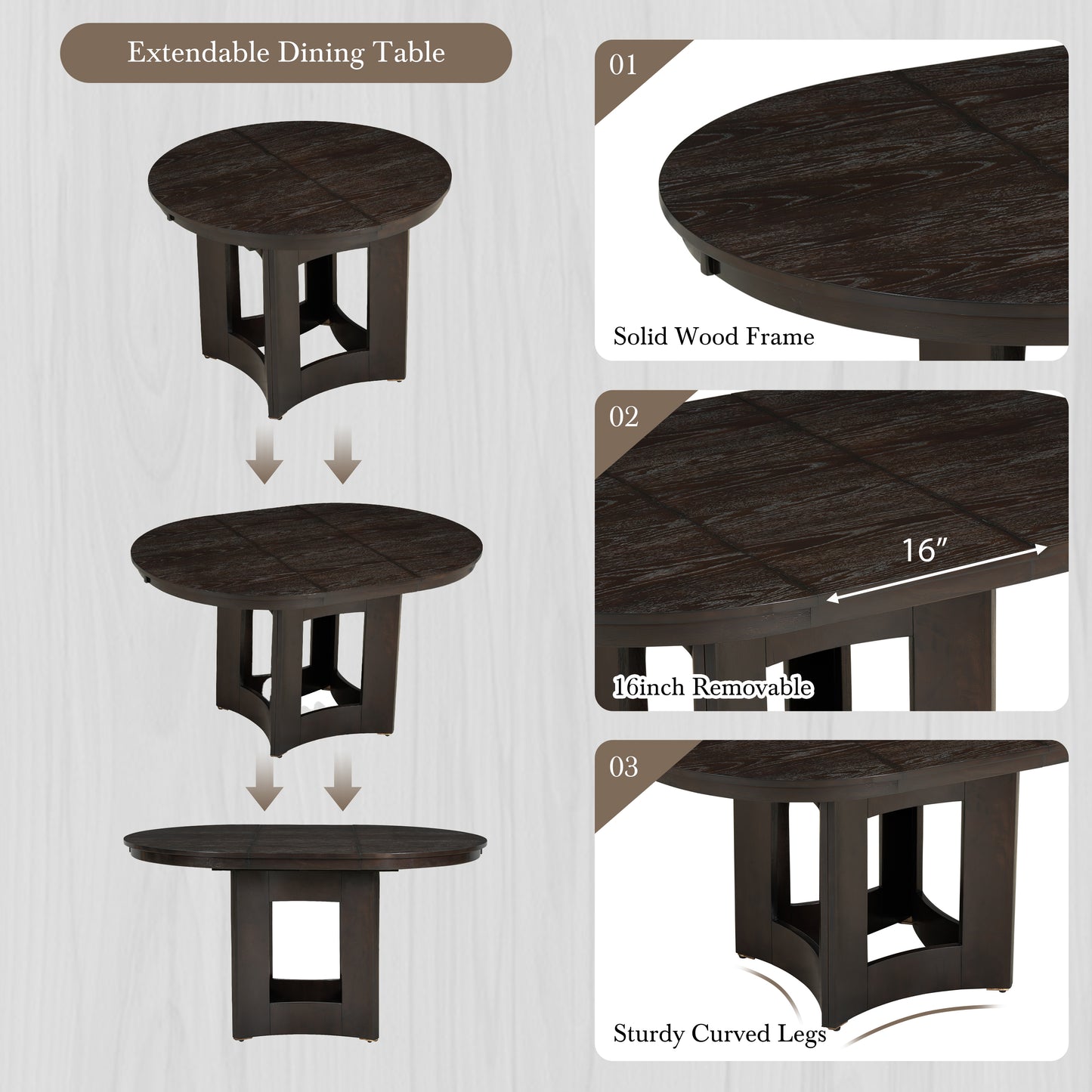 TOPMAX Farmhouse Extendable Round Dining Table With 16inch Removable Leaf For Small Places, Espresso